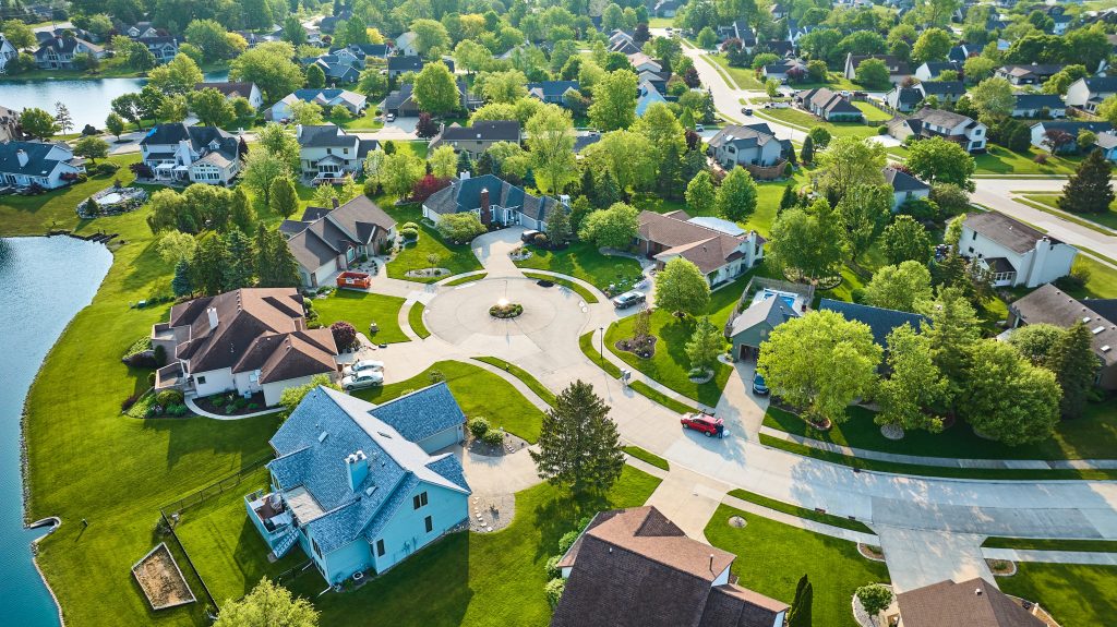 Drone shot of manicured neighborhood